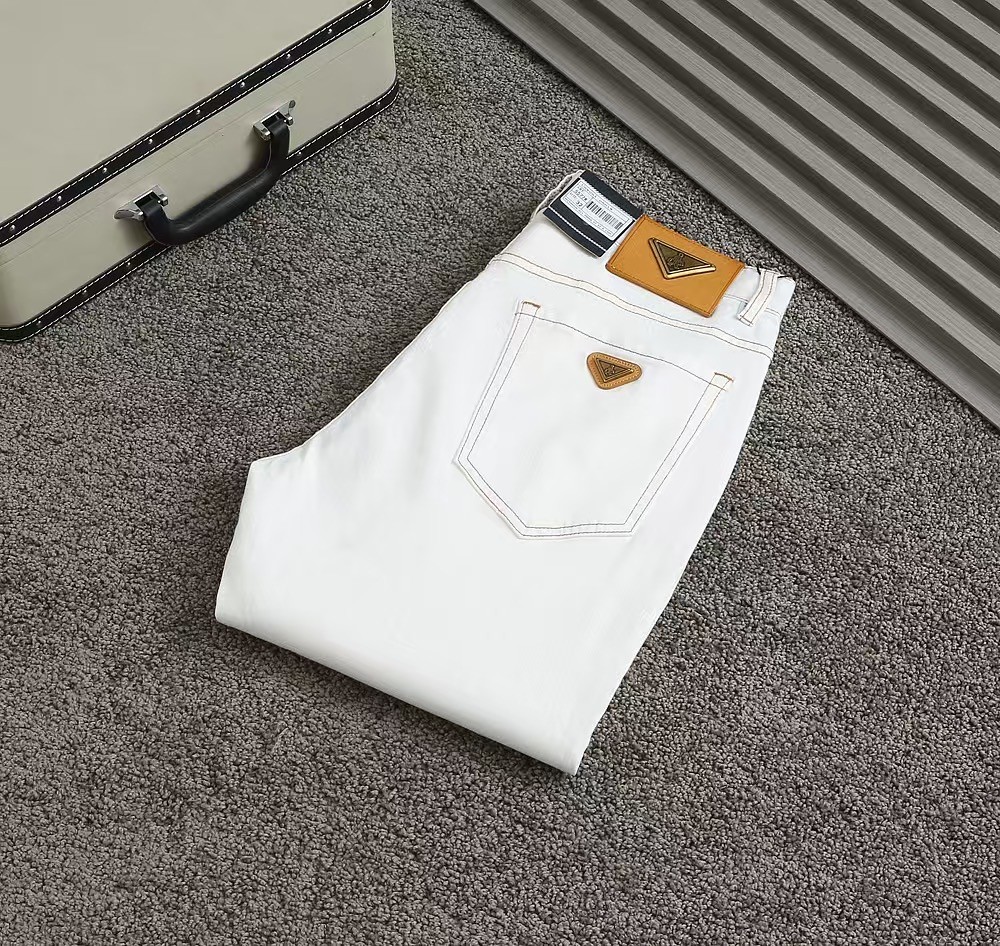 프** 삼각로고 브라운스티치 화이트 데님진